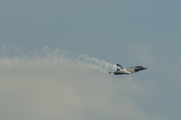 A fighter aircraft flying for display