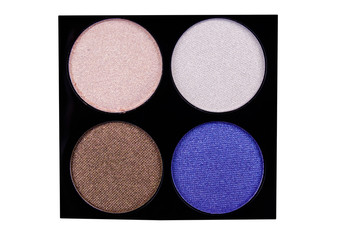 Set of four round eye shadow in a plastic black box isolated on white background