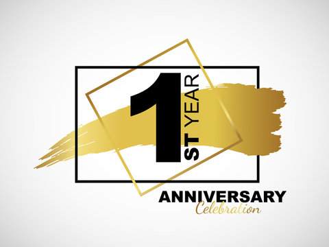 1st golden anniversary icon celebration with frame and hand drawn ink brush gold ribbon. Vector template element for your 1 birthday party poster greeting card on white background and black number.