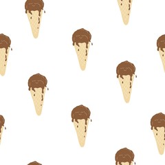 Kawaii ice cream in a cone, hand drawn illustracion, vector seamless pattern. Colorful drawing isolated on white background. 