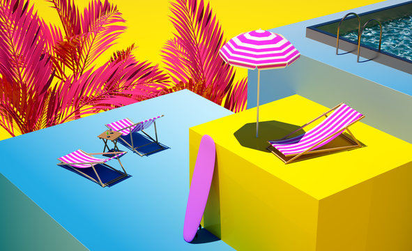 Yellow and blue Pink Beautiful travel image Tropical chill out 3d render Still Life summer beach view Elegant trendy sunny abstract composition Fresh still life holiday illustration