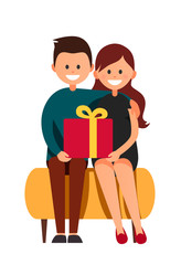 Vector illustration of sitting man in casual clothes and woman in little black dress on the white background with big present. Cartoon realistic people illustation. Flat young couple. Front view. 