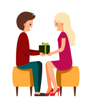 Vector illustration of sitting man in casual clothes and woman in dress on the white background with big present. Cartoon realistic people illustation. Flat young couple. Sidet view. Surprise.