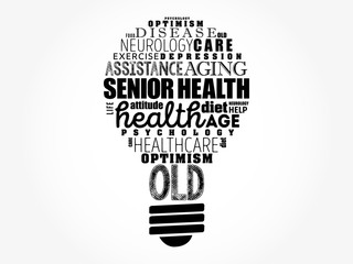 Senior health light bulb word cloud collage, social concept background