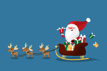 Christmas character of Santa claus in a sleigh with reindeer.