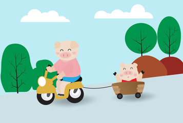 Two pigs are enjoying with motorcycle.