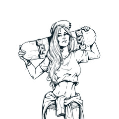 beautiful woman with a skateboard comic style