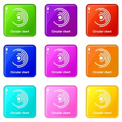 Circular chart icons set 9 color collection isolated on white for any design