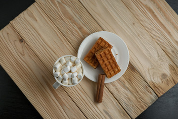 Fototapeta na wymiar Hot coffee with marshmallow and cinnamon on a wooden stand with waffles, top view
