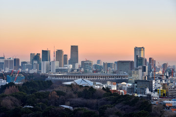 Fototapeta na wymiar 薄っすらとした夕焼けに染まる新宿の街
