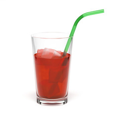 Red drink in a glass. With ice and straw