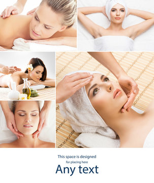 Lady getting spa treatment. Different pictures of women relaxing in spa. Health, recreation and massaging therapy.