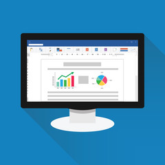 Official word software computer screen with financial accounting data. document database analytical business report with chart and pie graph. audit investigation document. flat vector illustration