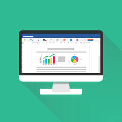 Official word software computer screen with financial accounting data. document database analytical business report with chart and pie graph. audit investigation document. flat vector illustration