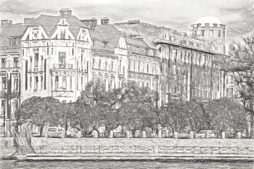 City drawing in pencil. Streets of Petersburg