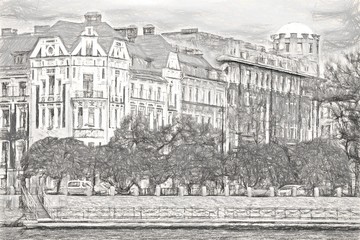 Obraz premium City drawing in pencil. Streets of Petersburg
