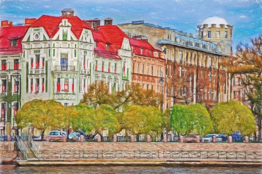 City drawing with colored pencils. Streets of Petersburg.