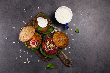 Vege burgers with carrots, beetroots and mushrooms.