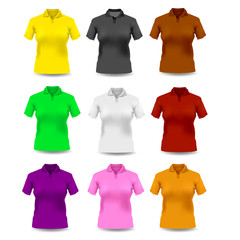 Set of woman clothes. Different color polo-shirt. Vector sportswear and uniform