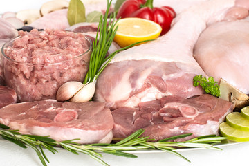 Different types of turkey meat and chicken, steaks, carcass poultry for cooking, top view on a wooden board, isolate on a white background. Flat lay, cooking concept.