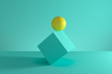 Yellow sphere on the edge of blue cube isolated on green background. Minimal concept idea. 3D Render.