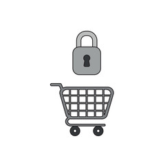 Vector icon concept of closed padlock over shopping cart.