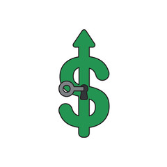 Vector icon concept of key unlock or lock dollar symbol with arrow moving up.