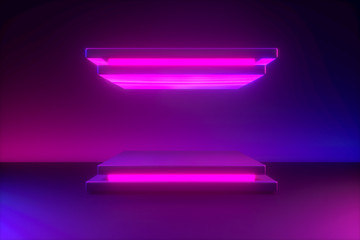 Square podium with blue pink neon light, minimalistic primitive shapes, modern mock up, empty showcase, shop display. 3d rendering.