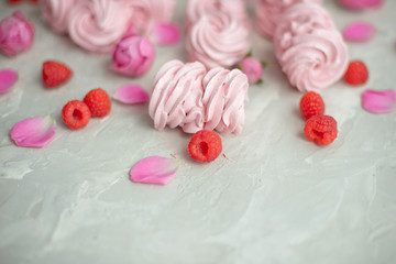 Rose and rose petals, raspberries, homemade pink marshmallows on a concrete background