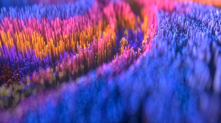 Fototapeta premium Microscopic closeup concept of small cubes with vibrant blue pink colors, coft focus on the background. Large amount of square columns. 3d rendering