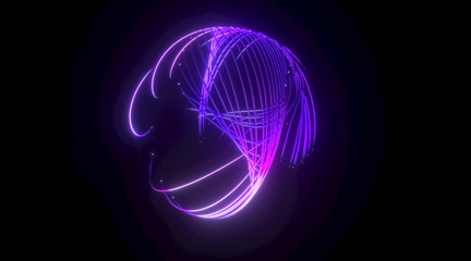 3d rendering abstract geometric sphere shape on black background. Purple lighting lines with glow. Virtual reality, futuristic violet neon light.