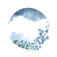Round frame of blue forget-me-not flowers with green leaf and paint splash