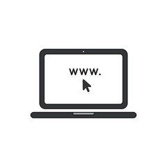 Vector icon concept of www word inside laptop computer with mouse cursor.