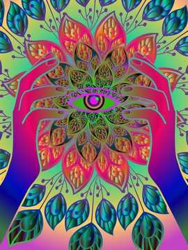 bright multi-color illustration with an unusual pattern in the form of a floral ornament with an all-seeing eye, a magical plot