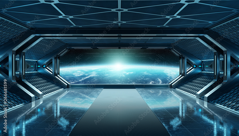 Poster Dark blue spaceship futuristic interior with window view on planet Earth 3d rendering