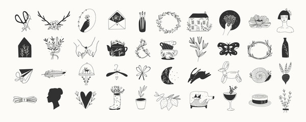 Various simple, elegant and bohemian icons. Hand drawn big vector set. Detecoration for brand or shop logos, wedding albums, web pages, restaurant menus. Design elements. Everything is isolated