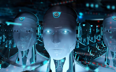Group of male robots following leader cyborg army 3d rendering