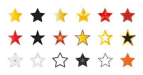 Set of 18 vector icons of colorful stars. Red, golden, black, coontour