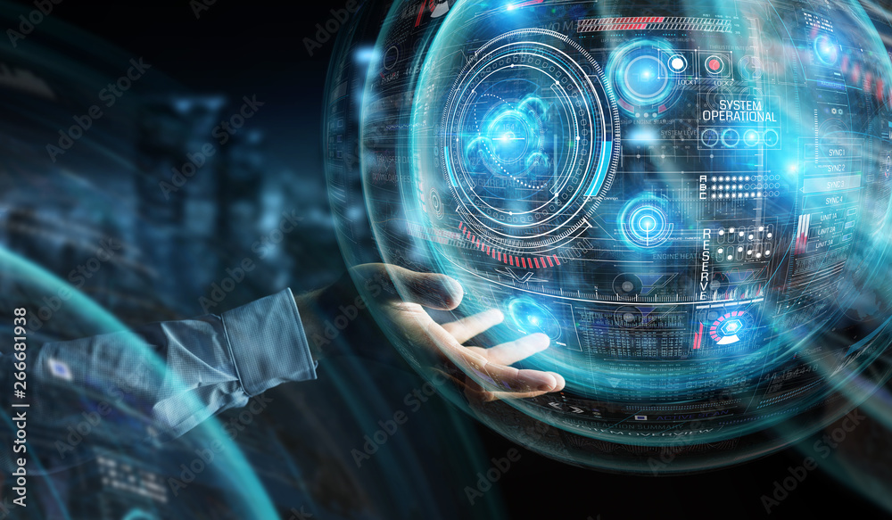 Poster businessman using digital technological interface with datas 3d rendering