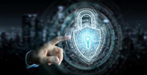 Businessman using digital padlock security interface to protect datas 3D rendering