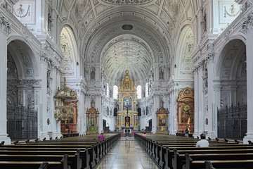 Interior of St. Michael's Church (Michaelskirche) in Munich, Germany. The church was built by William V, Duke of Bavaria in 1583-1597. It is the largest Renaissance church north of the Alps.