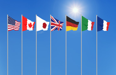 Obraz premium Silk waving G7 flags of countries of Group of Seven Canada, Germany, Italy, France, Japan, USA states, United Kingdom. Blue sky background. Big G7 in France 2019. 3D illustration.