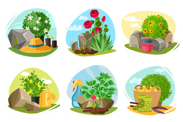 Garden plants and stones emblems set