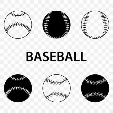 Set of silhouettes of baseball balls on transparent background. Baseball sports concept, baseball ball icon.