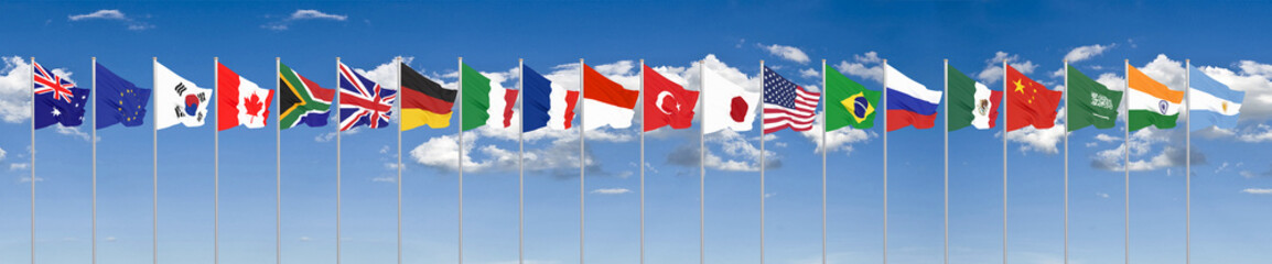 Waving flags countries of members Group of Twenty. Big G20 in Japan in 2020 . Blue sky background. 3d rendering.  Illustration.