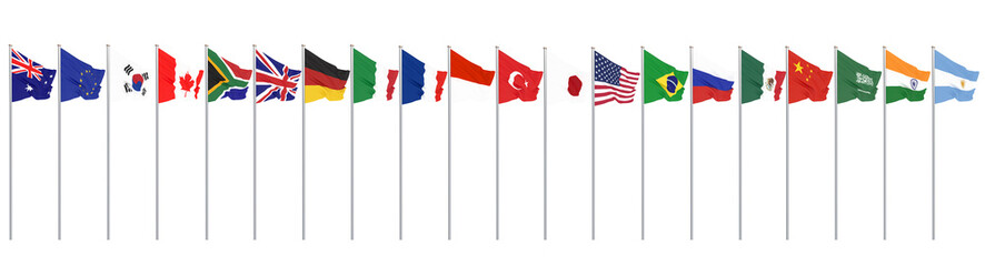 Waving flags countries of members Group of Twenty. Big G20 in Japan in 2020. Isolated on white. 3d rendering.  Illustration.