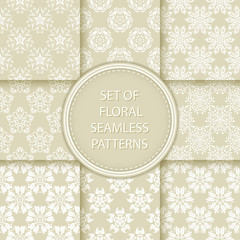 Compilation of floral patterns. White design with flowers on olive green background