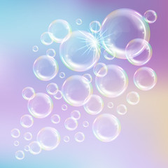 Realistic transparent floating soap bubbles with rainbow reflection. Design element for advertising booklet, flyer or poster