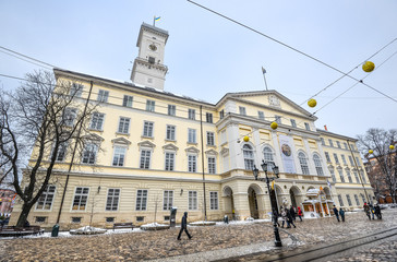 Winter view on Lviv Town Hall, Ukraine