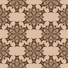 Brown floral seamless pattern. Flower design on beige background